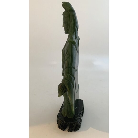 Chinese Nephrite Jade Guanyin 7" Statue w/Stand Hand Carved Deep Green Goddess - Picture 11 of 15